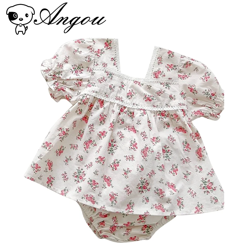 

Angou Newborn Girls Cotton Small Floral Square Neck Short Sleeve Jumpsuit Dress Suit+Baby Girls Bread Pants Shorts 2pieces Suit
