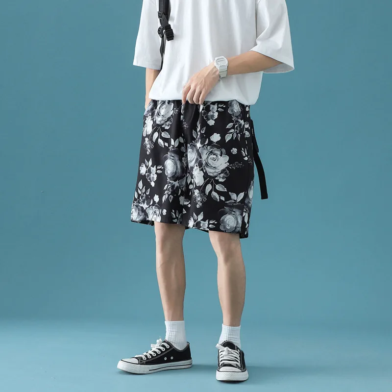 

Summer 3-color Flower Shorts Men Fashion Print Casual Ice Silk Shorts Mens Japanese Streetwear Loose Beach Shorts Men S-5XL