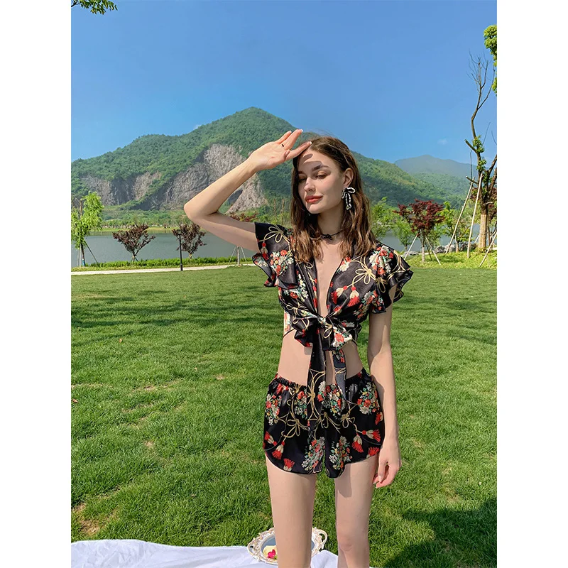 

FZSLCYIYI Fashion Sexy Sleeveless Sling Shorts Sleepwear Women Printed Satin Pajamas Girls Casual Lounge Wear
