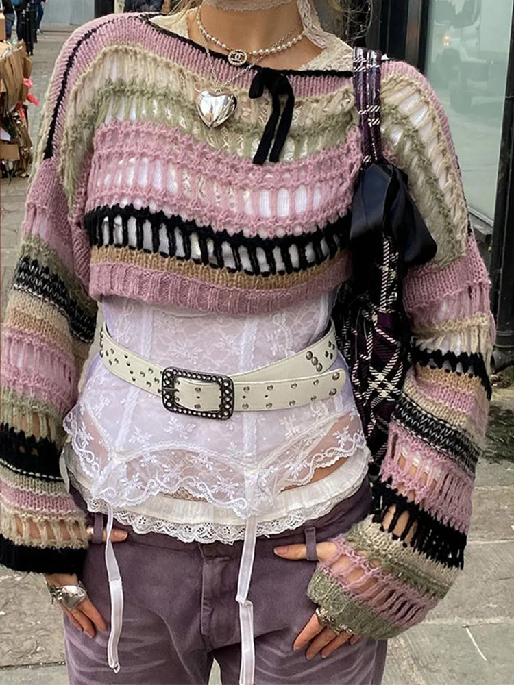 

2023 Woman Fall Baddie Style Fashion Loose Striped Crochet Top Cropped Sweaters Long Sleeve Gyaru Grunge Pullovers Streetwear