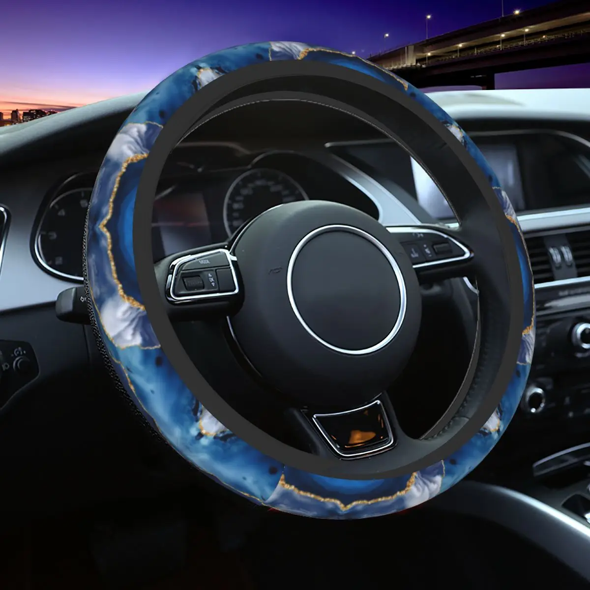 

Golden Blue Marble Quicksand Pattern Steering Wheel Cover Steering Wheel Protector Universal 14.5-15 Inch Car Accessories