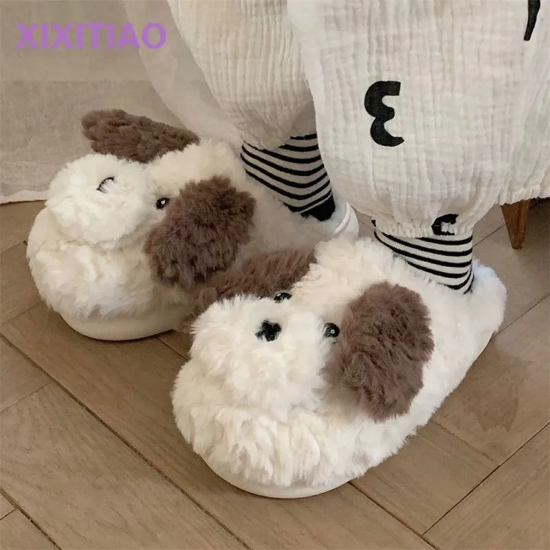 

Puppy Cotton Slippers Cute Animal Women Winter Warm Shoes Plush Lining Indoor Slides Platform High Top Snow Boots Home Slippers