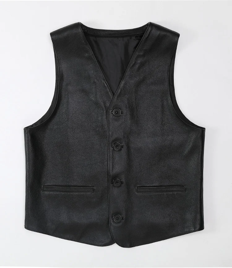 

Leather High Quality Men's Genuine Suit Vest 100% Cowhide Black Businss Casual Waistcoat Spring Autumn Sleeveless Jacket