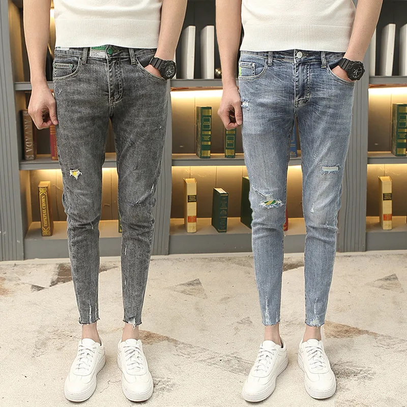 

Denim Jeans Men's Holes Korean Slim Feet Ankle Length Pants Vibrato Brand Wild Trend Teenager Pencil Pants