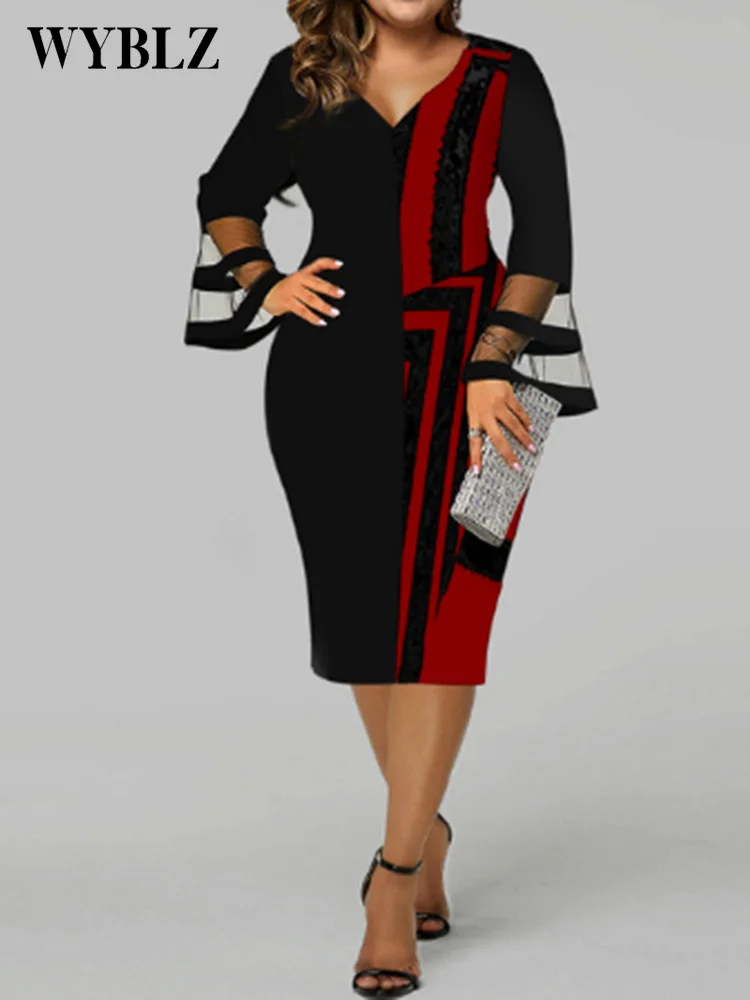 WYBLZ Plus Size Dresses for Women 4xl 5xl Digital Printing Screen Splicing Large Women's Bag Hip Dress Elegant Midi Party Dress