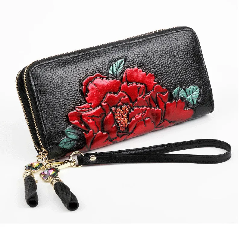 2023 New Genuine Leather Wallet Women Double Zipper Ladies Leather Purse Large Floral Pattern Female Clutch Bag