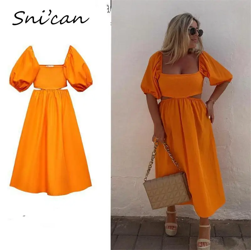 

Женское ажурное платье с коротким рукавом, оранжевое платье средней длины с квадратным вырезом, модное летнее платье большого размера