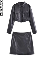 xnwmnz women long sleeve lapel faux leather short jacket shirt top ladies sexy high waist faux leather mini skirt 2 piece set