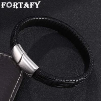 fortafy leather men jewelry punk black braided leather rope bracelet handmade steel magnet clasp male bracelet vintage fr0408
