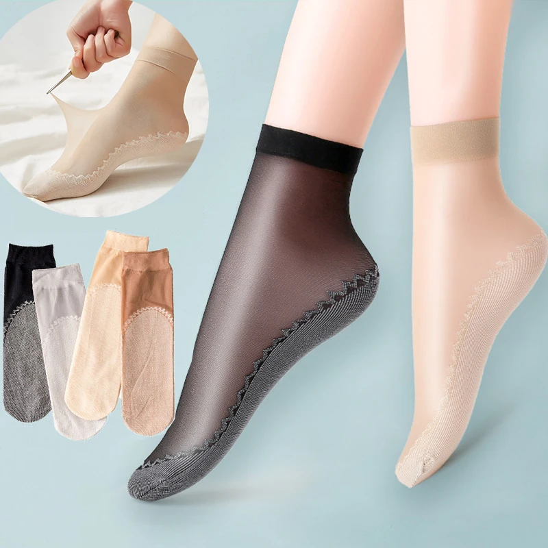 5 Pairs Anti-snagging Silk Women Summer Transparent Socks Cotton Sole Non-slip Seamless Thin Nylon Socks Elastic Breathable Sock