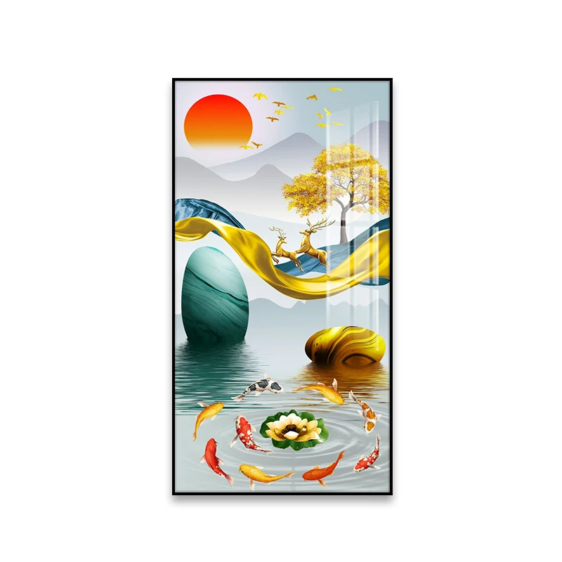 

porch decoration painting, corridor corridor facing door, vertical plate hanging painting, nine fish