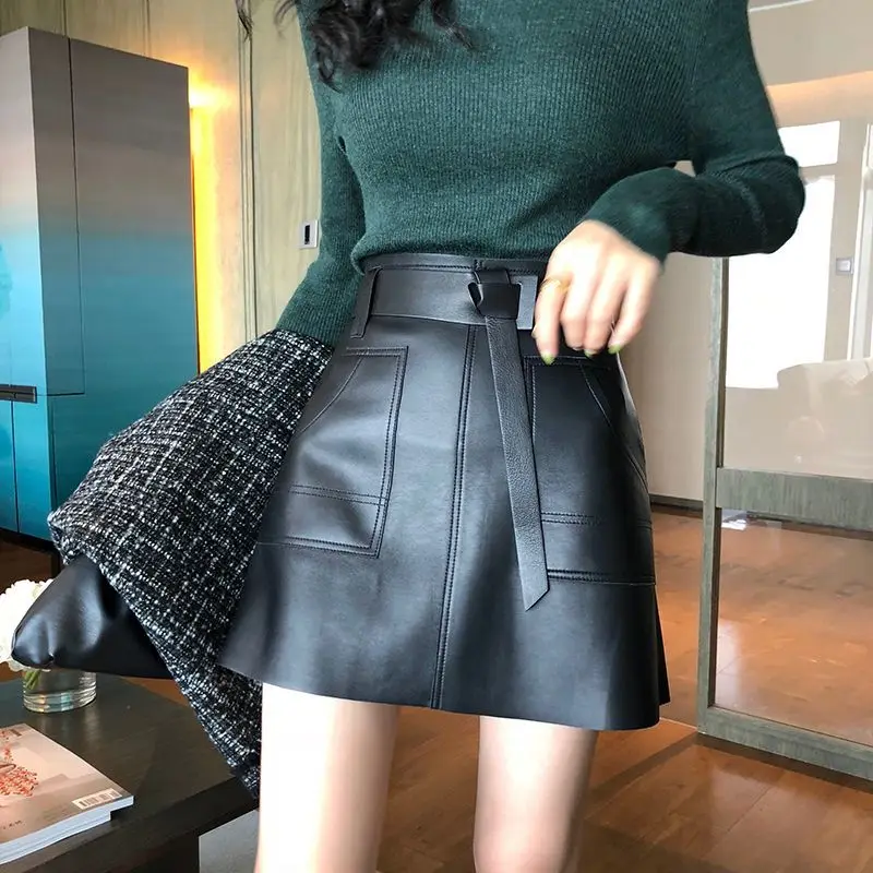 Autumn and Winter High Waist  Leather Short Skirt Black Small Leather Large Slim Fashion Wrap Hip Skirt  harajuku