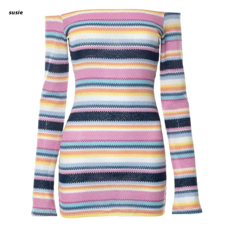 

X7YA Womens Off Shoulder Nightclub Long Sleeve Colorful Striped Knit Slim Mini Dress