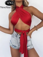 newasia wrap halter top lace up double layers solid color backless cut out crop tops women summer vacation beach casual vest