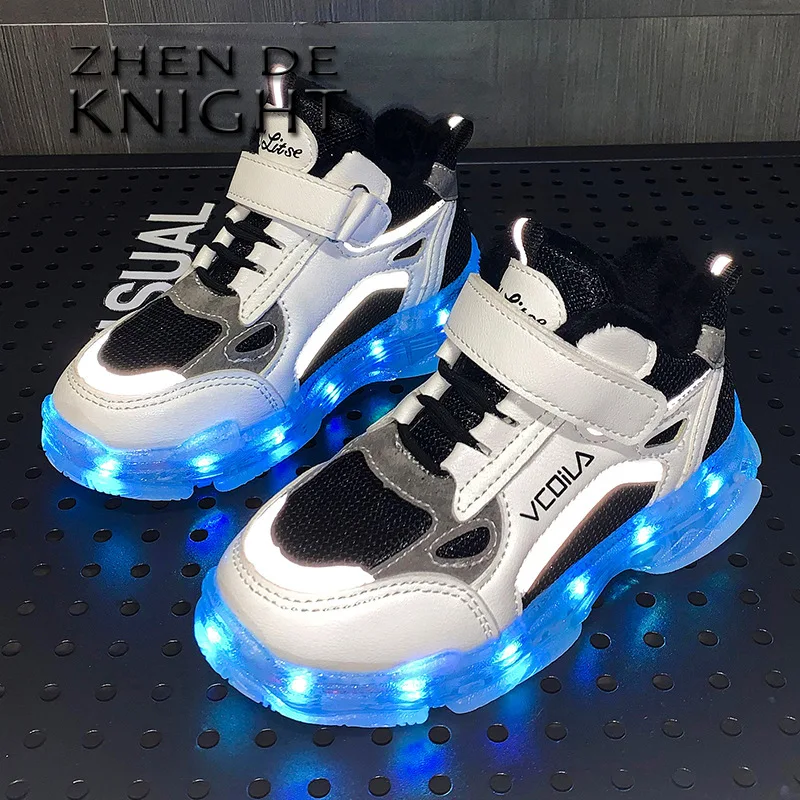 Теплые износостойкие светящиеся кроссовки для мальчиков и девочек повседневные