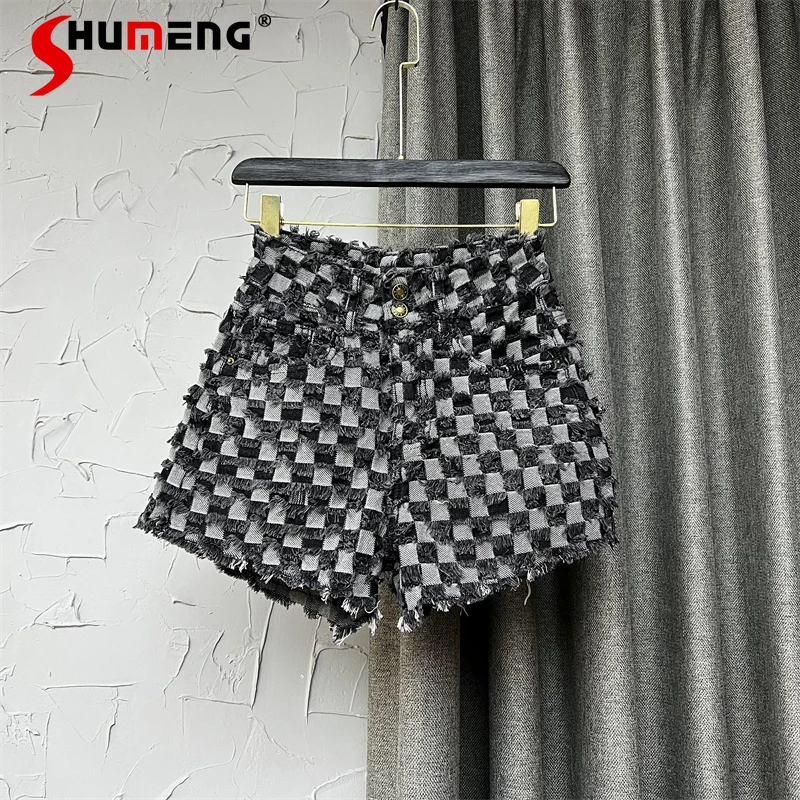 

Harajuku Woman Black Plaid Denim Shorts Summer Korean Style Women's Tassel Furry Wide Leg High Waist Jean Two-Button Hot Pants