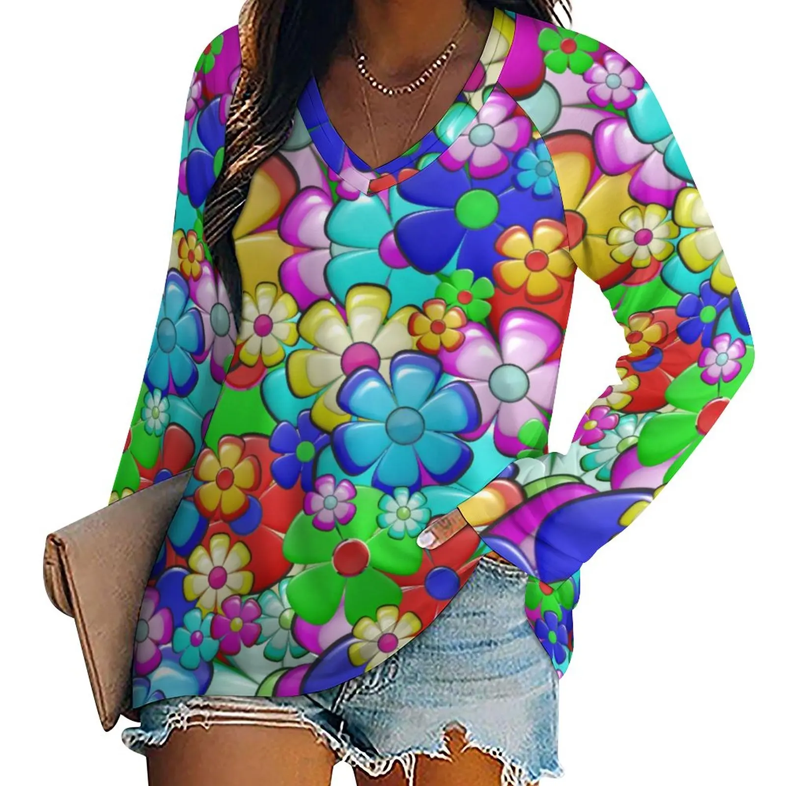 

Футболка женская с цветочным принтом, Повседневная Свободная рубашка в стиле ретро, с длинным рукавом, с графическим принтом, в стиле хиппи, осень