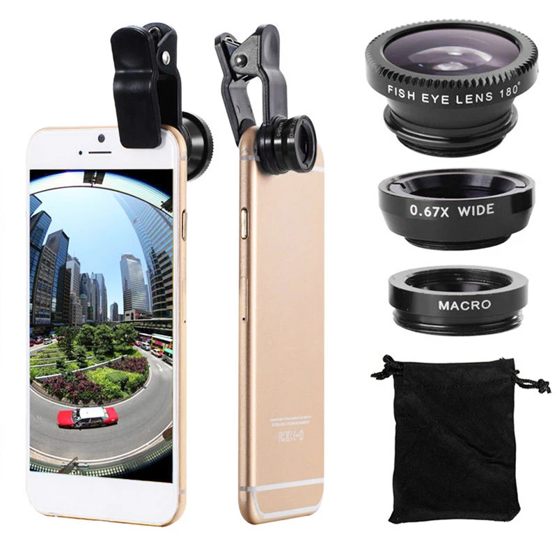

3 IN 1 Wide Angle Micro Zoom Fisheye Lens Clip on Smartphone for Samsung Huawei Phone Camera Fish Eye Len Webcam Cover Case