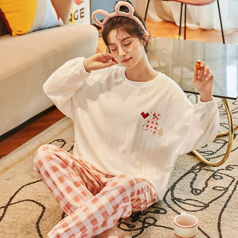 Cotton Pajama Set Women Long Sleeve Pants Pyjama Cute Korean Sleepwear Female Soft Loose Autumn Winter Pajamas Home Clothes Suit