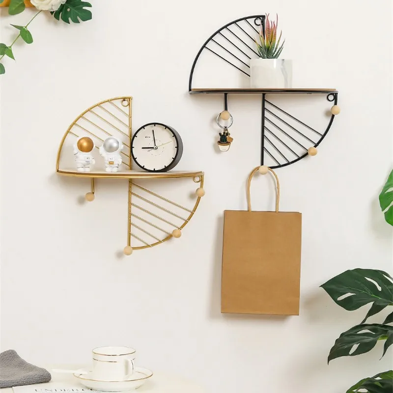 Gold Iron And Wooden Storage Basket With Hook Nordic Key Holder Wall Hanging Hanger Home Decoration Accessories For Living Room images - 6