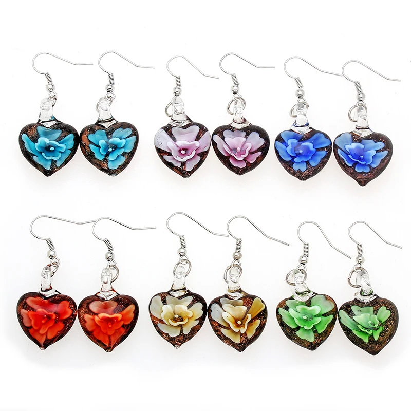 

Fashion Drop Dangle Earrings for Women Coloured Glaze Heart Flower Pendant Earrings Murano Lampwork Glass Earrings Jewelry Gift