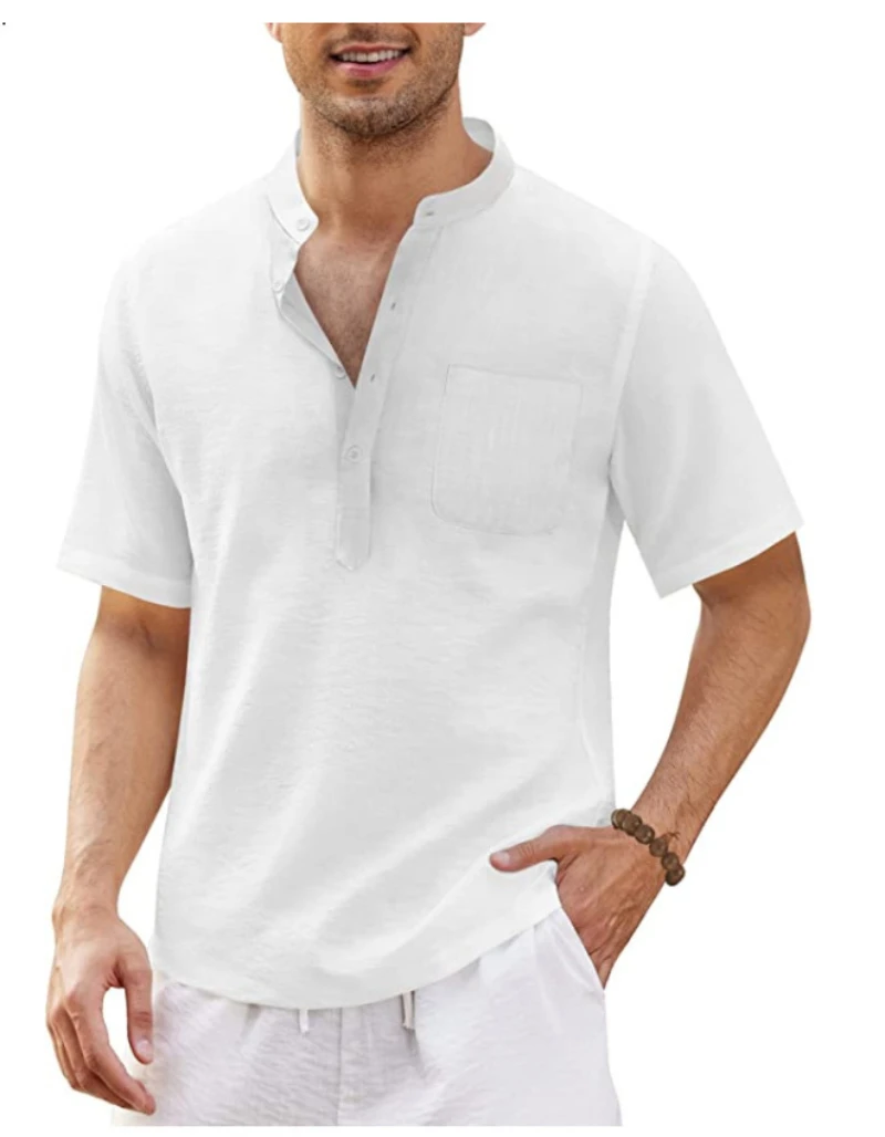 

Zagros Summer Shirts for Men Casual Short Sleeve V Neck Men Shirt Solid Cotton Linen Shirt Beach Tops Tee Chemise Homme S-3XL