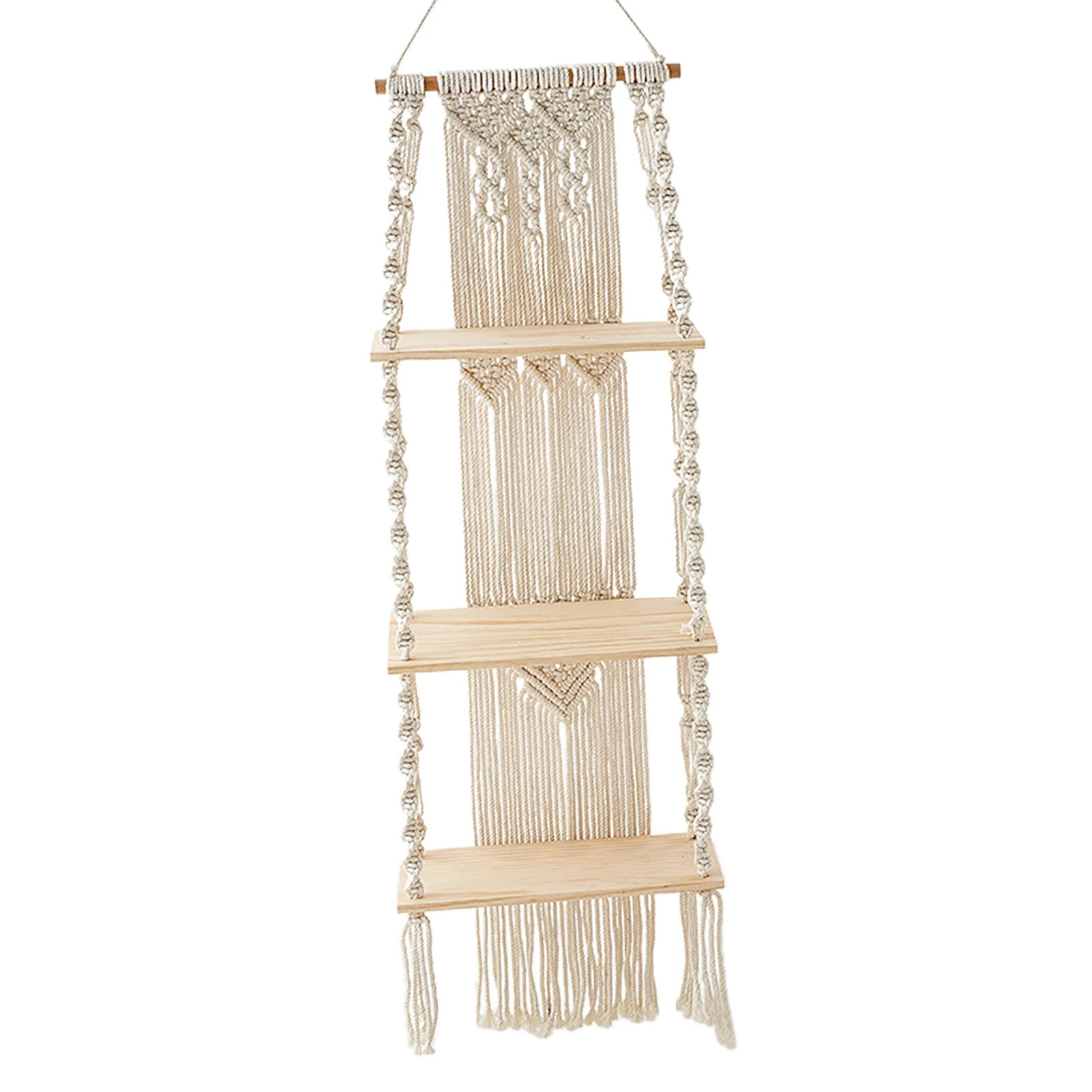 

3 Tier Macrame Wall Hangings Shelf Handmade Wooden Wall Hangings Shelves Woven Rope Floating Wood Shelves & Storage For Small