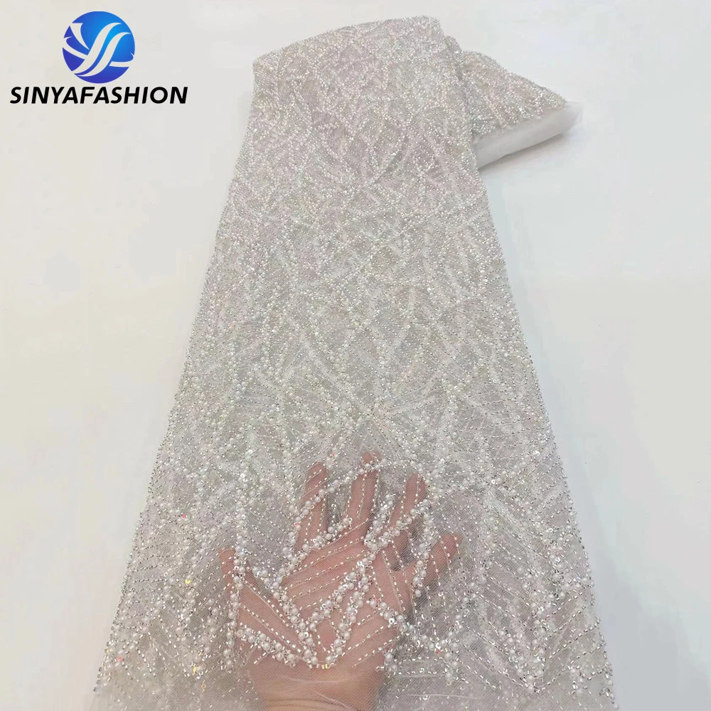 

Sinya Fully Sequins Pearls African Lace Fabric 5 Yards High Quality White French Tulle Embroidery Beaded Lace Luxury For Wedding