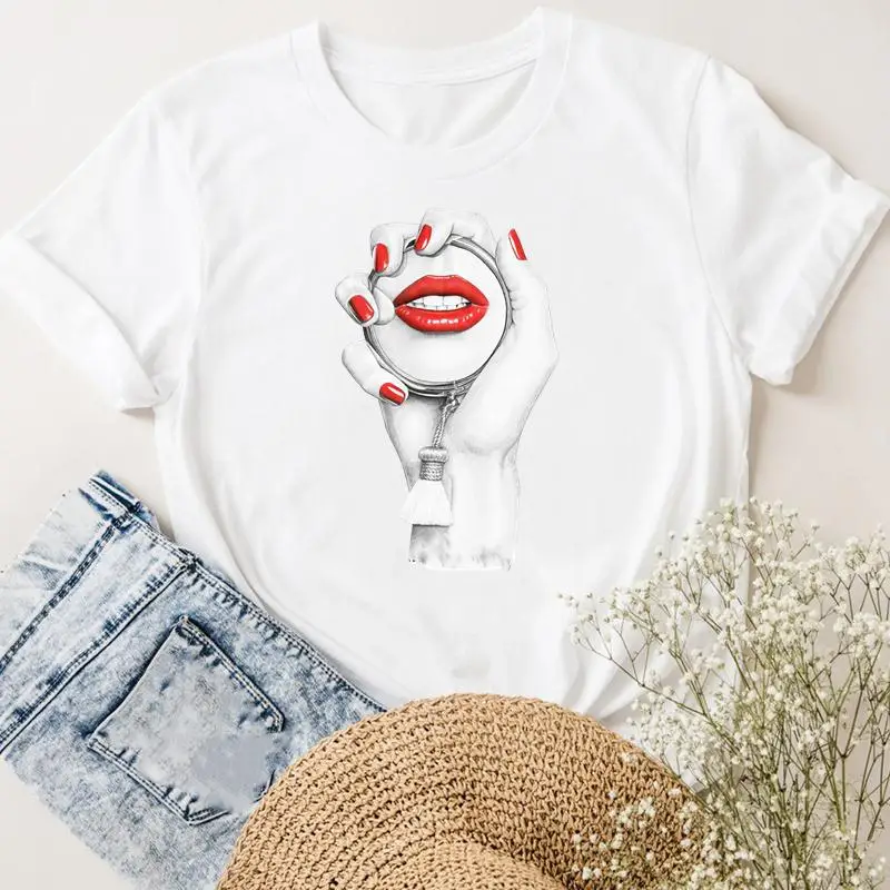 

Футболка женская с коротким рукавом, пикантная Модная Повседневная рубашка с рисунком ногтей, губ, ногтей, летняя одежда