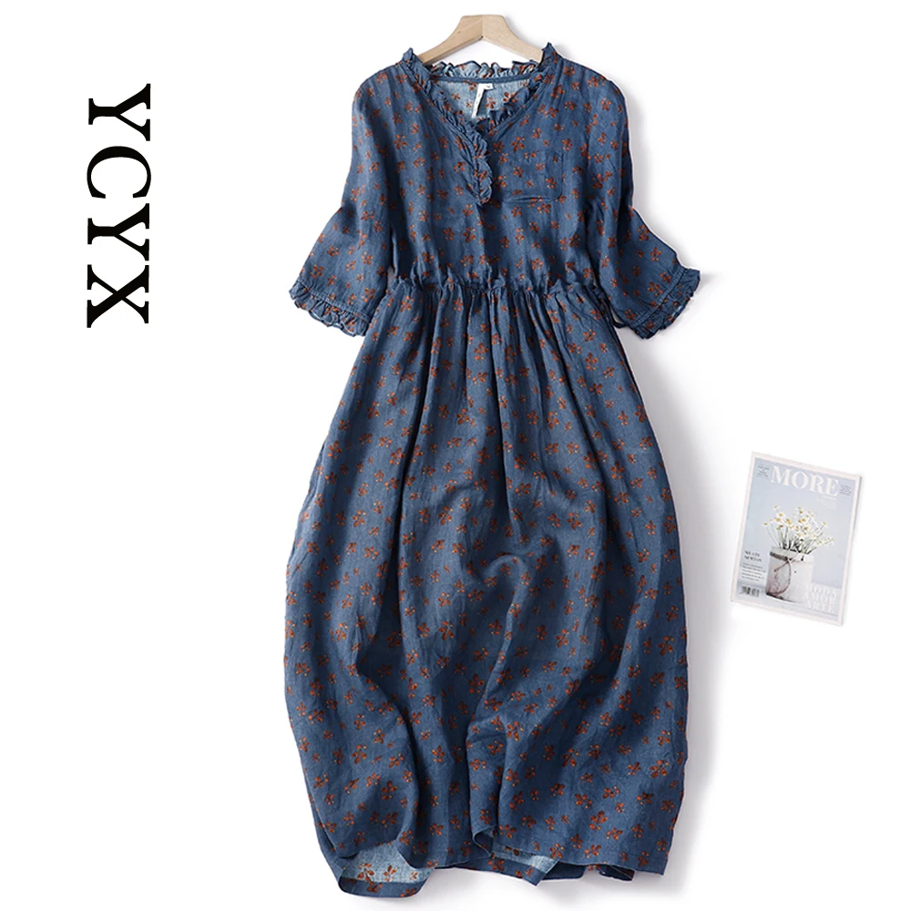 

YCYX Cotton Linen New V-neck Loose Solid Color Long Vintage Dress New Women Romantic Ruffle Print Dresses YCYX294
