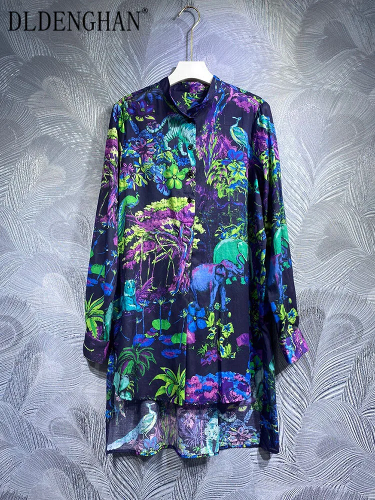 

DLDENGHAN Spring Summer 100% Cotton Blouses Women Long Sleeve Single Breasted Vintage Print Loose Shirts Fashion Runway New