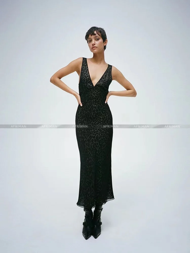 Sexy Black Leopard Print Double Layered Silk Diagonal Cut Long Dress for Women - Deep V Neck, Sleeveless, 100% Silk