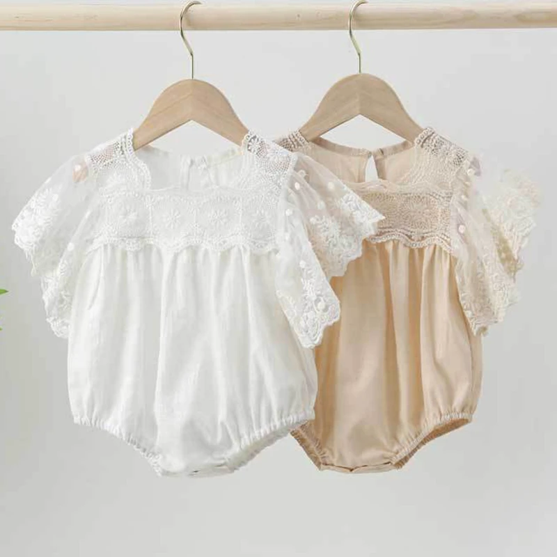 Korean Style Infant Baby Girls Jumpsuit Toddler Baby Girl Romper Lace Stitching Cotton Linen Short Sleeve Baby Girls Clothes