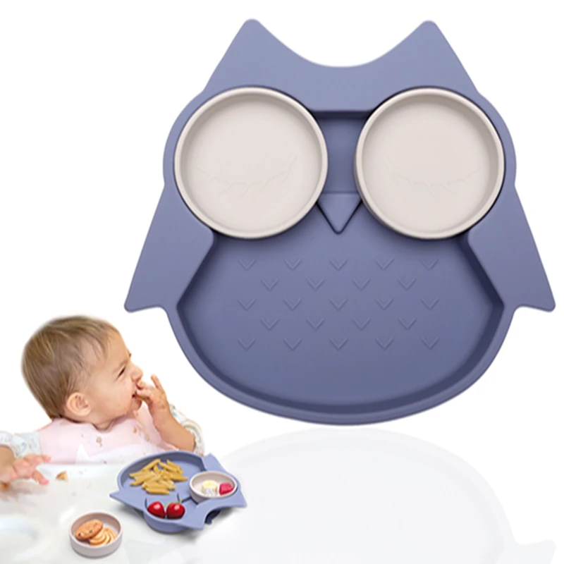 

Baby Bowls Plates Safe Silicone Dining Plate Cute Cartoon Owl Children Dishes Suction Toddle Tableware Feeding Bowls BPA Free