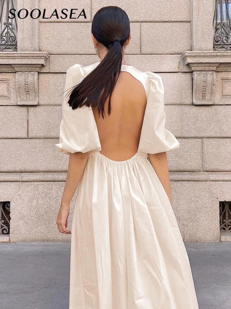 

Soolasea Puff Sleeves Woman Party Dress Evening Chic O-neck Ball Gown Dress Backless Knee-Length Summer Dresses Ladies Vestidos