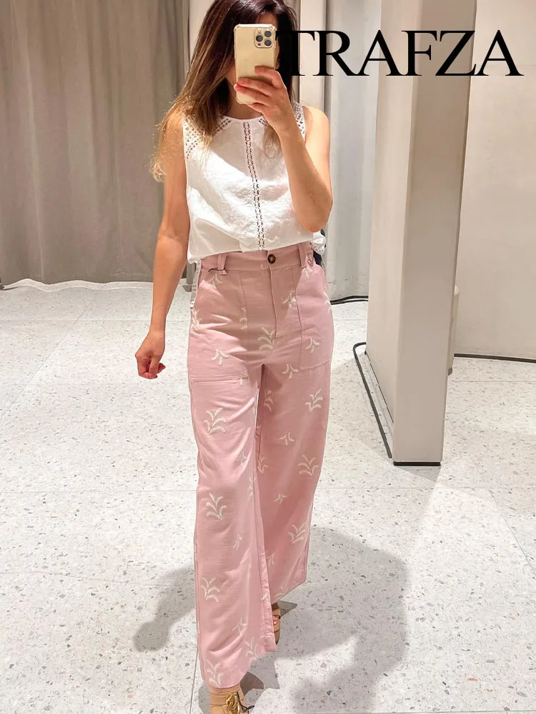 

Женские брюки с широкими штанинами TRAFZA, повседневные длинные штаны розового цвета с вышивкой и карманами, на молнии, 2023