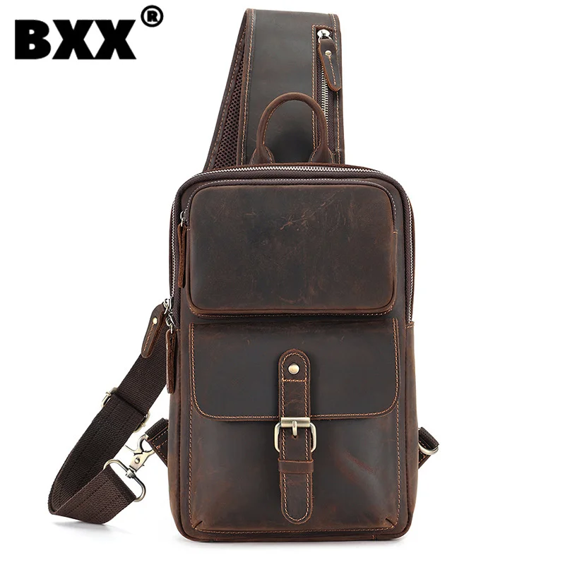 

[BXX] Fashion Simple Trend Vintage Genuine Leather Solid Color Zipper Sequined Men's Chest Bags Casual Shoulder Bag Male 8CY626
