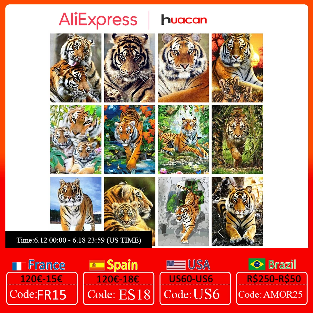HUACAN Oil Painting By Numbers Tiger Animal Drawing On Canvas HandPainted Art Gift DIY Picture By Number Kits Home Decoration