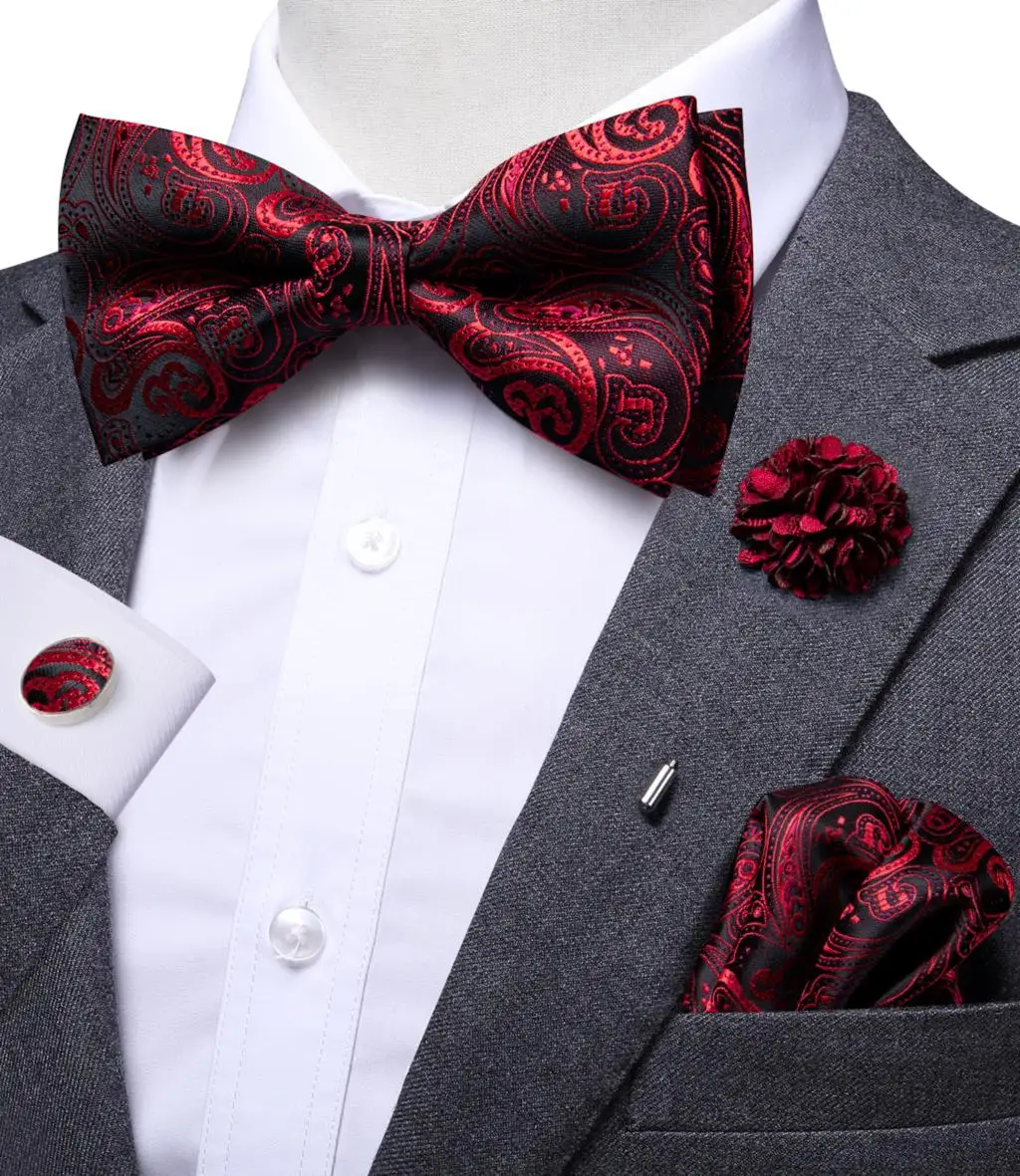 Hi-Tie Luxury Red Burgundy Silk Men's Bowtie Pocket Square Cufflinks Brooch Set Butterfly Knot Bow Tie for Men Wedding Groomsman