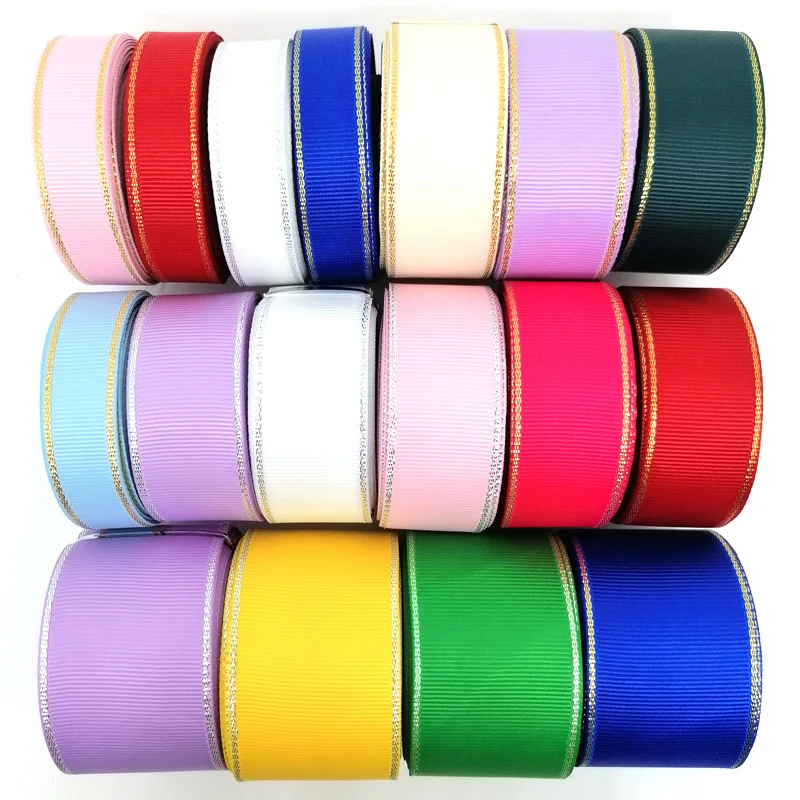 

6/9/16/25/38mm Silver/Gold Edge Grosgrain Ribbon Fabric Tapes Wedding Gift Favor Boxes Decoration Bows Making Ribbons 599498