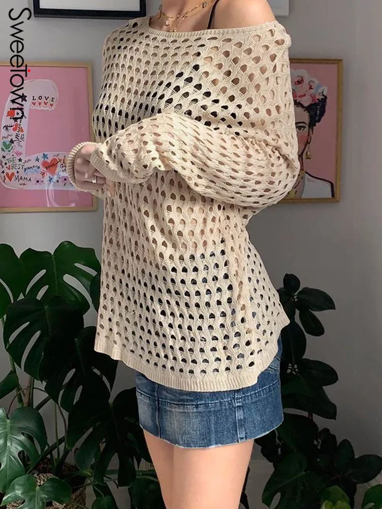 

Sweetown Vintage Boho Hollow Out Knitted Fairycore Pullover Tops For Women 2022 Summer Beach Vacation Crochet Baggy Sweater Tees