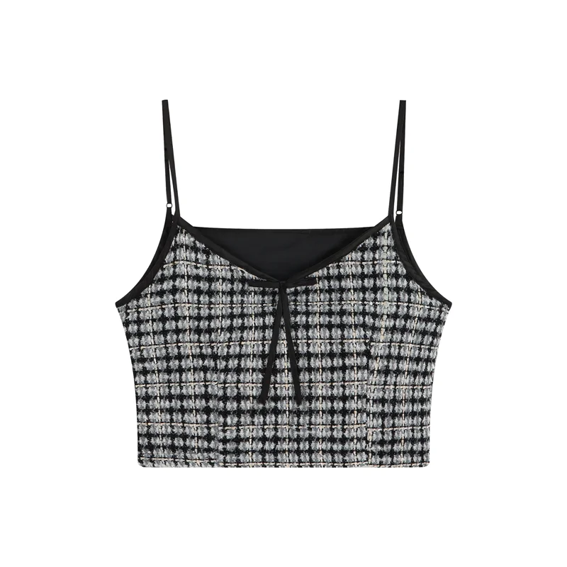 

Tweed Cami Tops Women Textured Plaid Strap Front Bow Crop Tops Classic Outfit