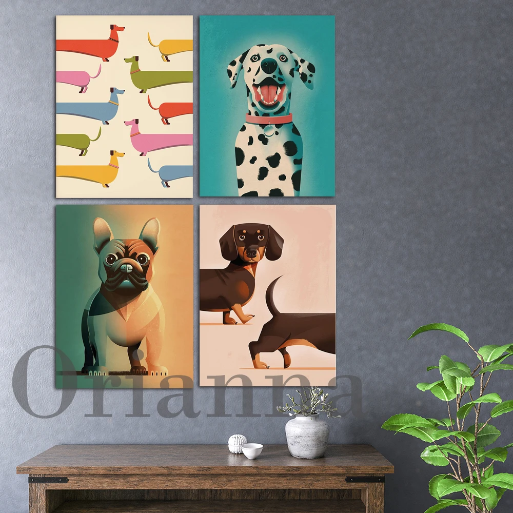 

Dalmatian Sausage Dog French Bulldog Colourful Vintage Prints Posters Modern Home Living Room Decor Painting Dog Lover Gift