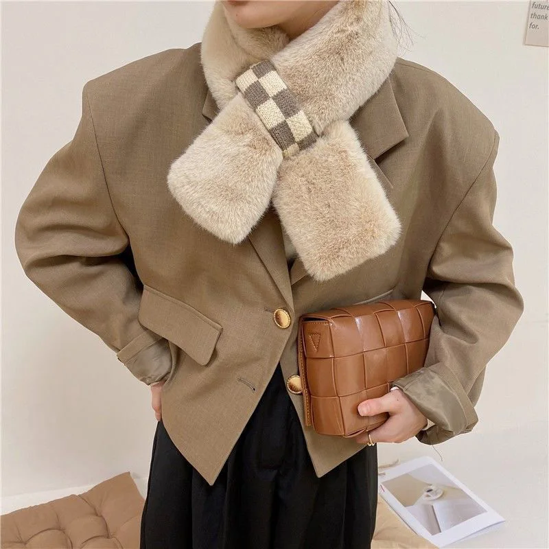 

Plush Scarf Winter Women Korean Edition Versatile Warm Thicken Imitation Rabbit Fur Plush Muffler Fashion Cross Collar Scarf