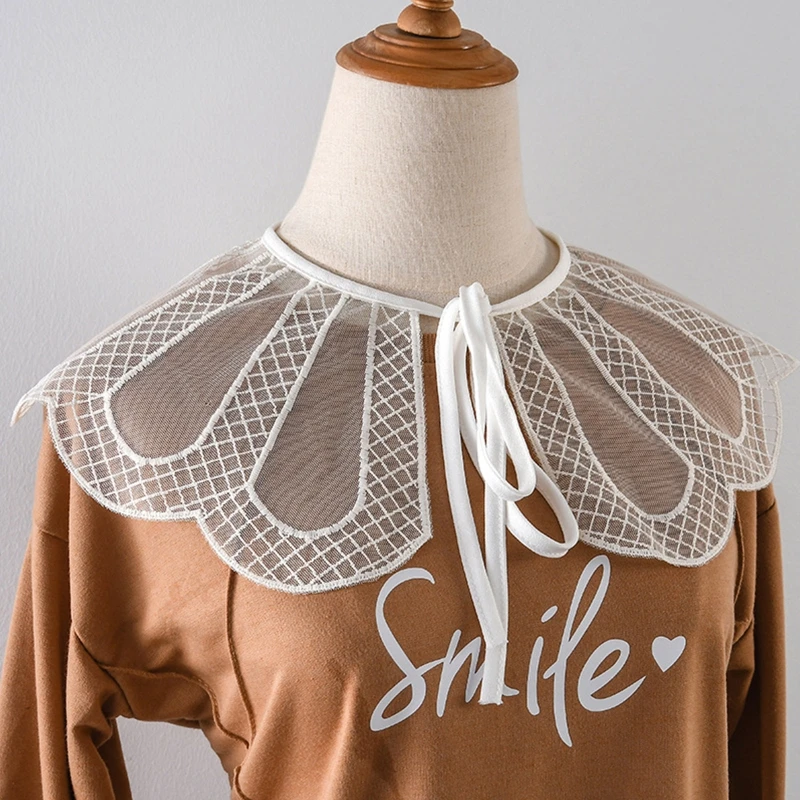 

Women Decorative Sheer Mesh Shawl Detachable Collar Embroidery Diamond Plaid Lapel Half Shirt Sweet Lace-Up Bowknot Scarf DXAA