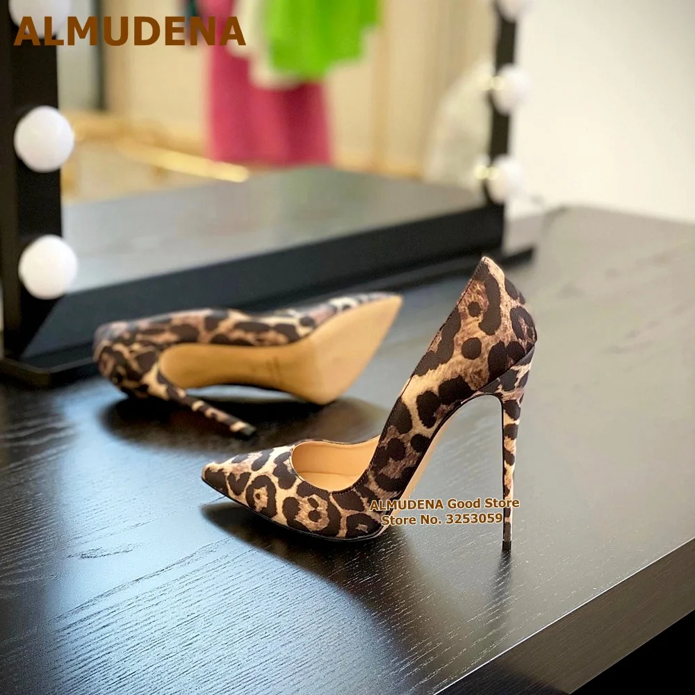 ALMUDENA Sexy Leopard Satin Cloth 12cm High Heel Shoes 10cm 8cm Stilettos Pointed Toe Slip-on Wedding Pumps Party Footwear US13