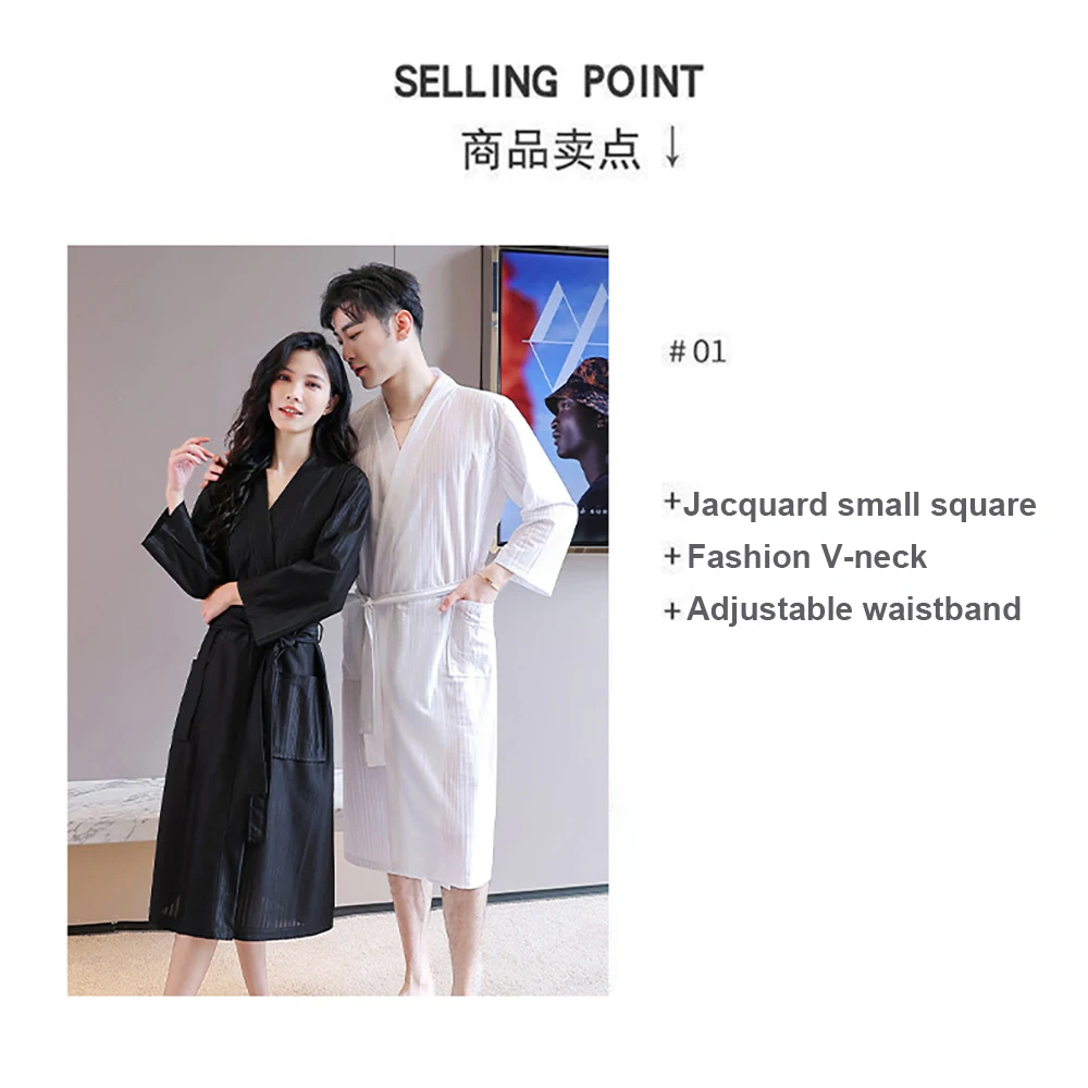 Summer Ice Silk Satin Soft Couple Sleepwear Fashion V Neck Solid Waffle Women's Robe Water Absorption Shower Robe Men Bathrobe