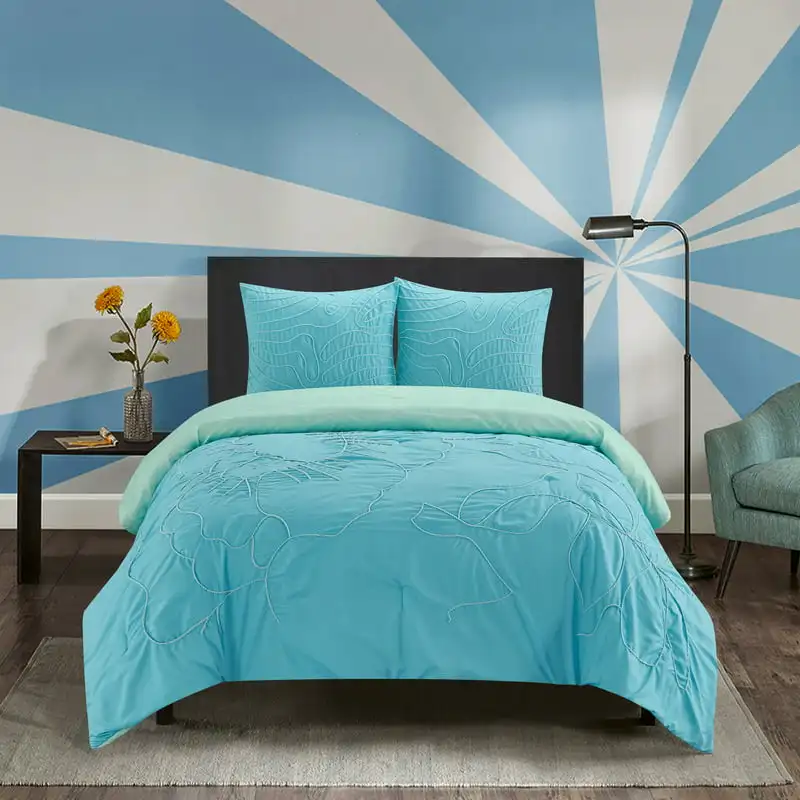 

Flowers and Waves Tufted 3 Piece Comforter Set, Full/Queen, Turquoise, Polyester Fill
