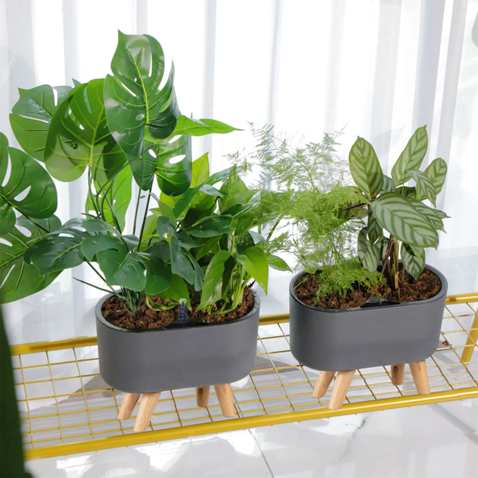 

Indoor Plant With Indicator Wooden Leg Flower Containers Anti-slip Breathable Self Watering Pots Lazy Automatic Water Flowerpot