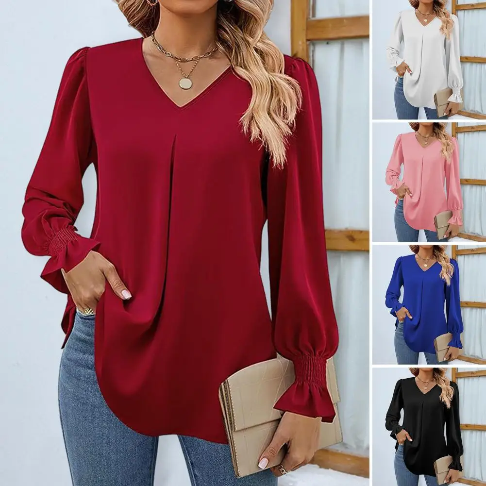 

WomenFall Spring Top V Neck Long Bubble Sleebe Solid Color Shirring Ruffle Pullover Soft Commute Lady Blouse